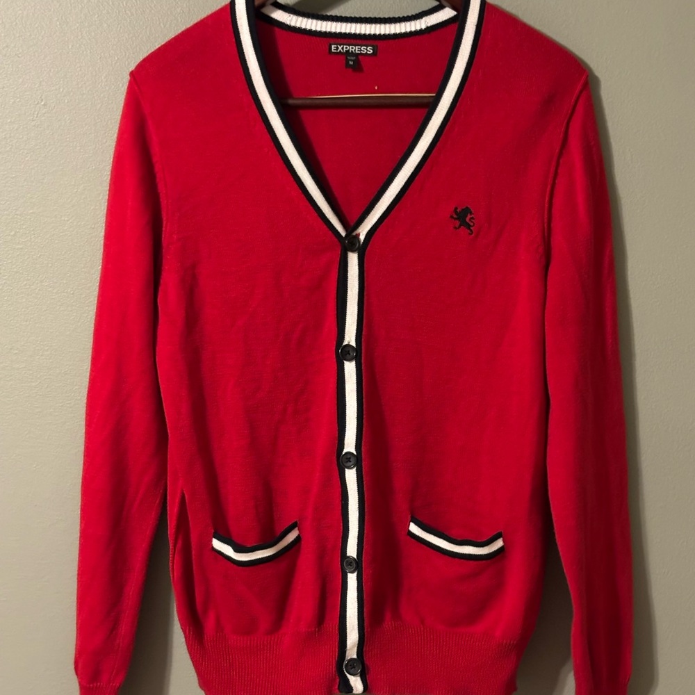 Express Men's Vivid Red Cardigan with Black and White Trim